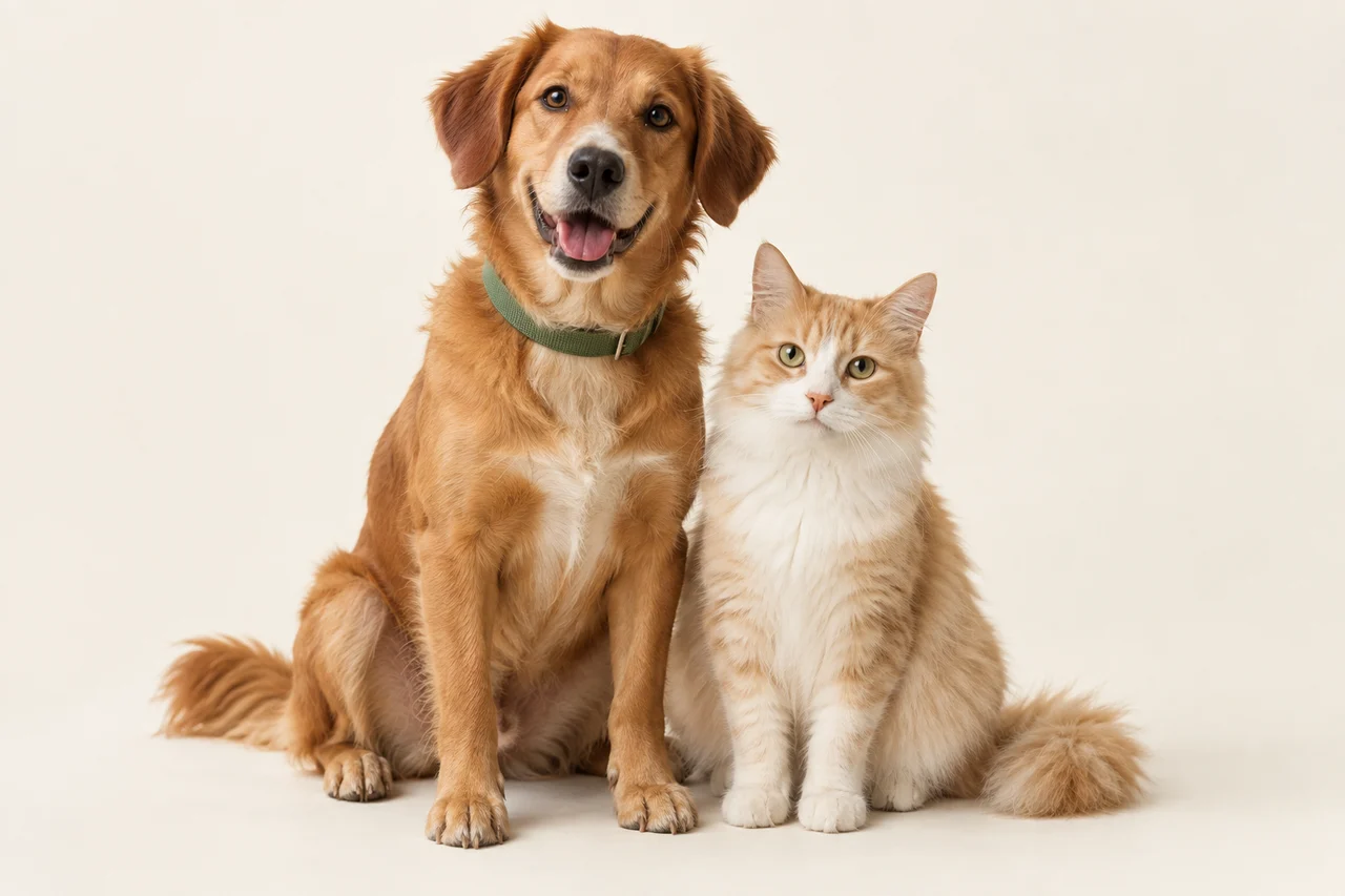 Cachorro caramelo e gato lado a lado, em imagem criada para a AnotaPet
